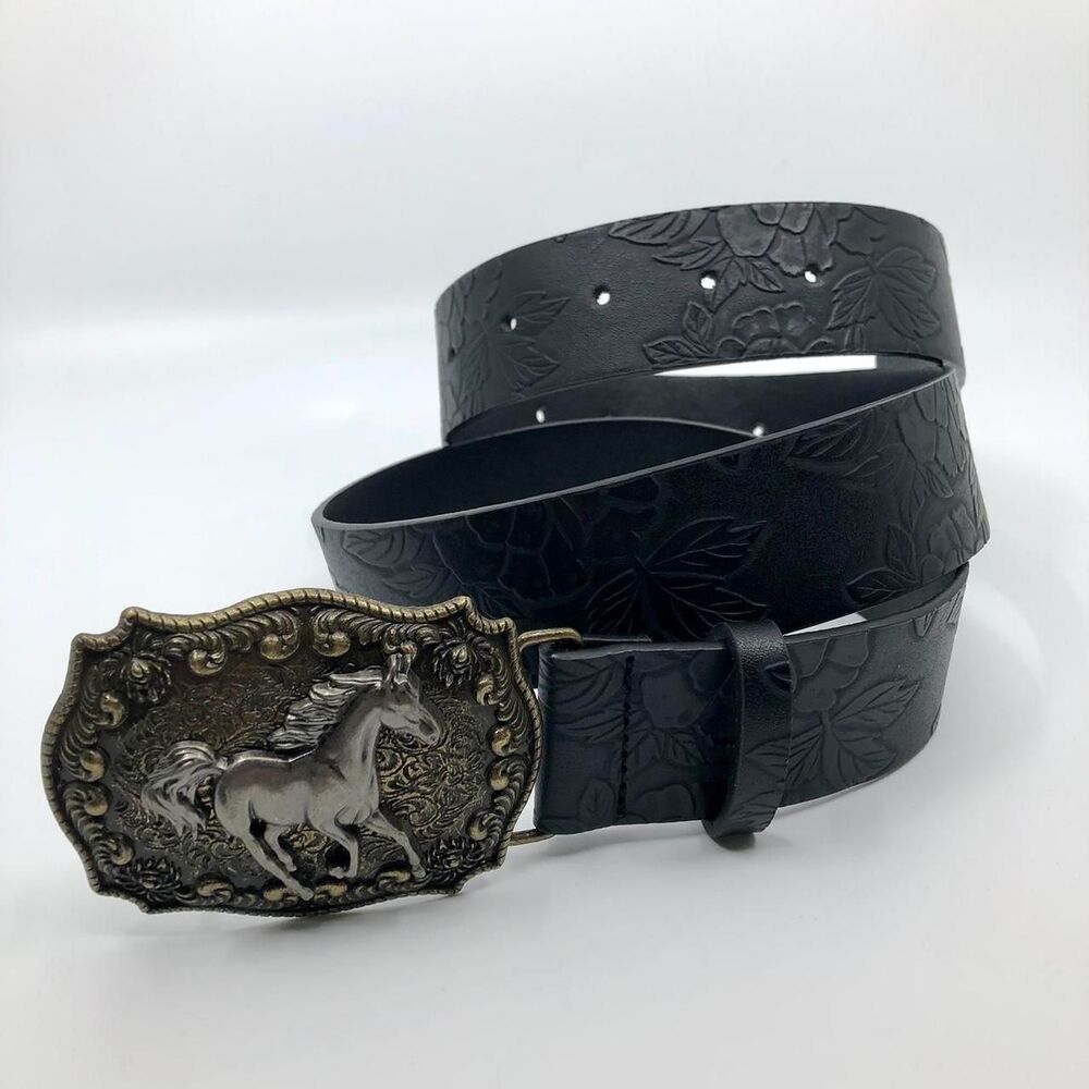 Women's Black Embossed Western Horse Buckle Belt, 28.5–39.5 Inches, X7G9A1018